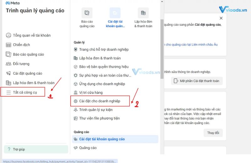Cách share tài khoản quảng cáo facebook bằng BM - bước 1
