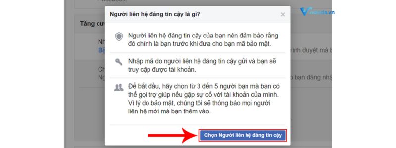 Nhấn chọn người liên hệ đáng tin cậy 
