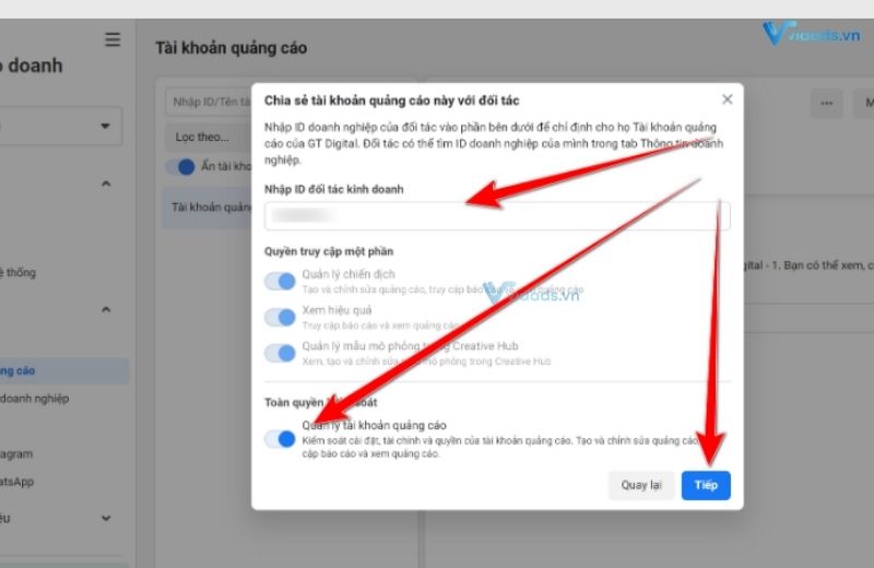 Cách share tài khoản quảng cáo cho đối tác facebook bằng BM - bước 4