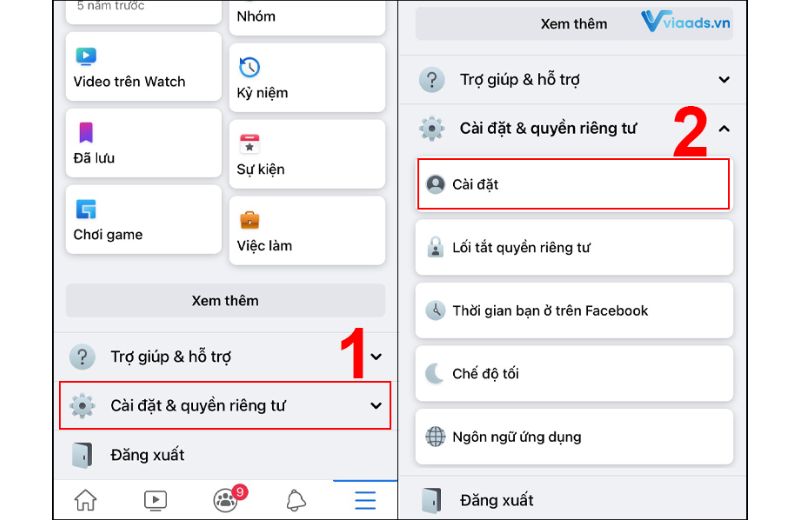 Chọn cài đặt trong mục cài đặt và quyền riêng tư