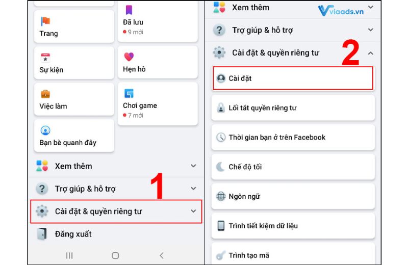 Chọn cài đặt trong mục cài đặt và quyền riêng tư