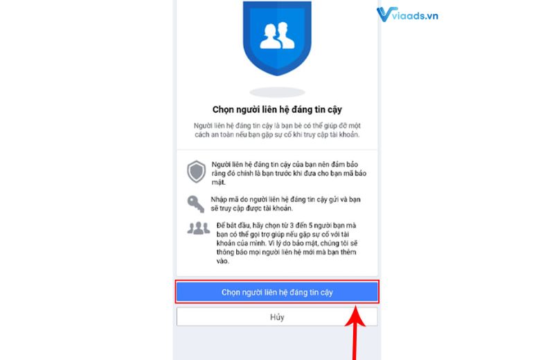 Nhấn vào chọn người liên hệ đáng tin cậy